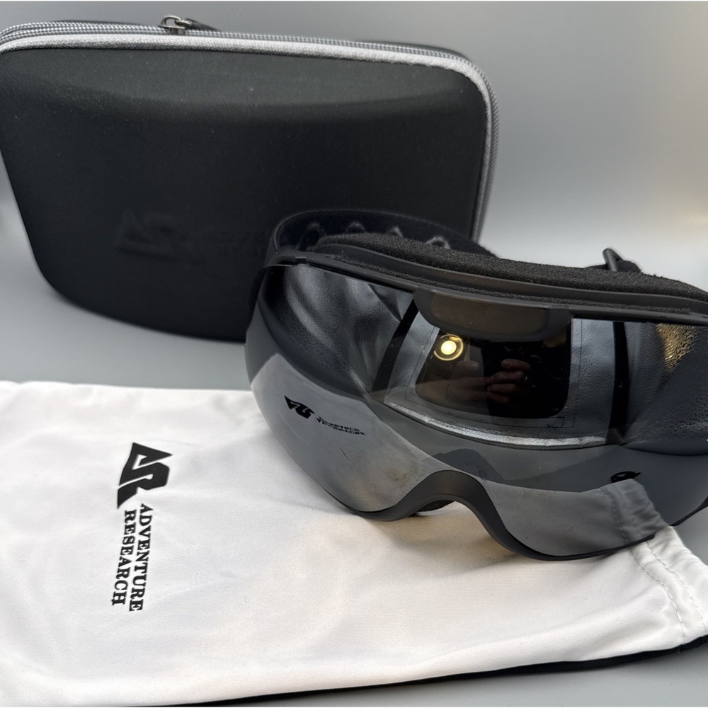 Adventure Research Authentic Black Ski Goggles, Hard Case & Soft Travel Bag MINT